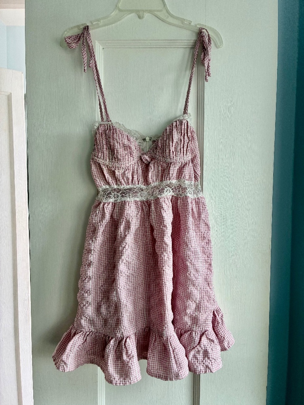 Coquette Summer Picnic Mini-Sundress with Lace Accents - Small